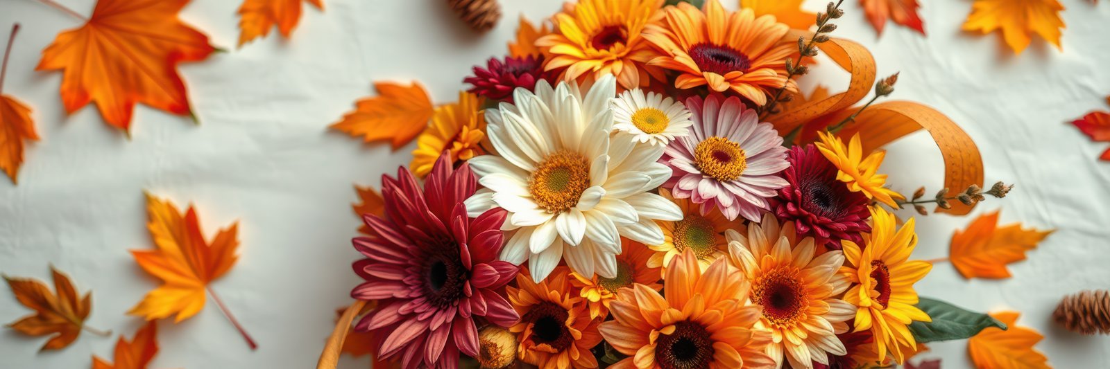 Bright autumn bouquet with colorful flowers and leaves arranged on a white surface